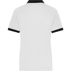 A women's zip polo shirt in white with black accents on the collar and sleeves. It features a logo.