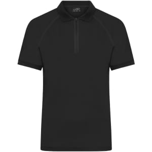 A black men's zip polo shirt featuring a collar and short sleeves, with a small logo on the upper part.