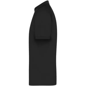 A black men's zip polo shirt displayed from the side, featuring short sleeves and a collar. It has a logo on it.