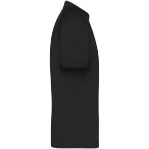 A black men's zip polo shirt with a collar and short sleeves, featuring a logo.