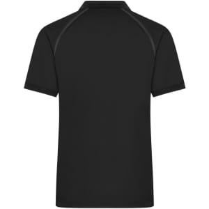 A black men's zip polo shirt featuring a streamlined design and contrasting accents. It has a logo on the front.