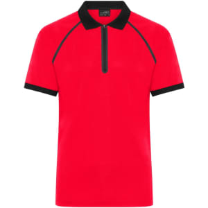 A red men's zip-polo shirt with black accents and a collar. Features a zip closure and a logo.