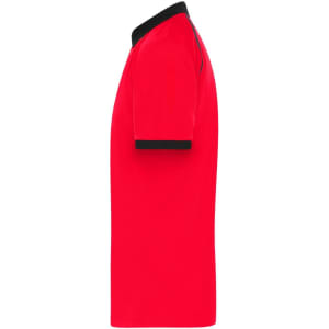 A red men's zip-polo shirt with a black collar and cuffs. Features a logo on the side.