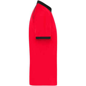 A red polo shirt with black collar and sleeve accents, featuring a logo on the chest.