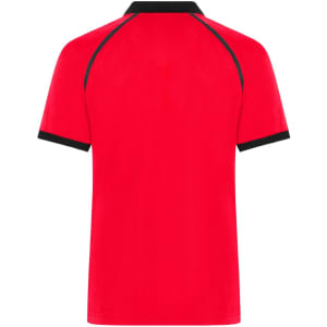 A red men's zip-polo shirt featuring black accents and a logo on the design.