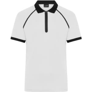 A white short-sleeve polo shirt with a black collar and zippered neckline, featuring black sleeve trims and a logo.