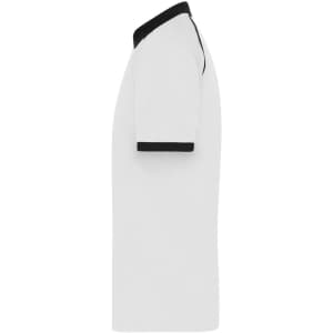 A white men's zip polo shirt featuring black accents on the collar and sleeve cuffs, with a logo present.