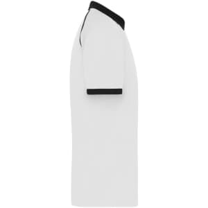A white men's zip polo shirt with a black collar and cuff detailing, featuring a logo.