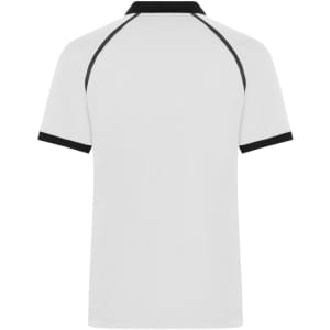A white men's zip polo shirt featuring black accents along the collar and sleeves, with a logo present.