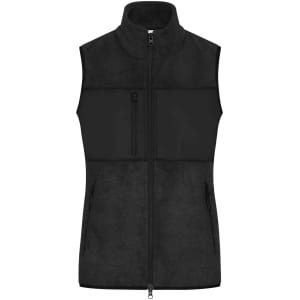 A black ladies fleece vest featuring a zip front, two side pockets, and a chest pocket. It has a sleek, modern design.