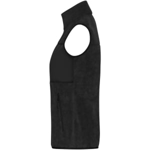 A black ladies fleece vest with a zippered pocket and sleeveless design. Features a high collar and soft texture.