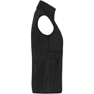 A black fleece vest with a high collar and side pockets, featuring a logo on the front.