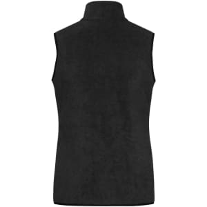 A black fleece vest with a high collar and no sleeves, featuring a visible logo.