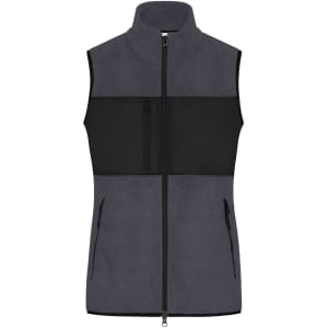A grey and black ladies fleece vest with a high collar and zippered pockets. Features a logo on the front.