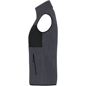 A grey ladies fleece vest featuring a black panel and a zippered pocket on the side. It has no sleeves.