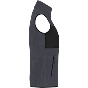 A grey fleece vest featuring a black pocket and a zip closure, with a high neck design.