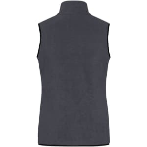 A grey ladies fleece vest with a high collar and no sleeves, featuring a logo.