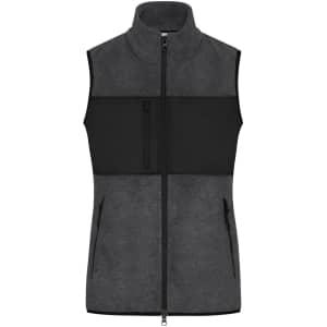 A grey ladies fleece vest with a black panel, featuring a front zip and multiple pockets. It has a logo.