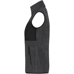 A grey ladies fleece vest with a black chest pocket and a zippered side pocket, featuring a logo.