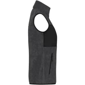 A grey ladies fleece vest with a black panel and zippered pockets. Features a high collar and sleeveless design.