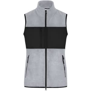 A light grey fleece vest with a black panel, featuring a full zip and multiple pockets.