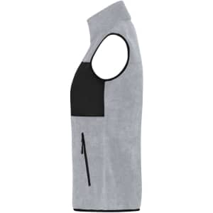 A light grey fleece vest with a black front pocket and zipper details, featuring an upright collar.