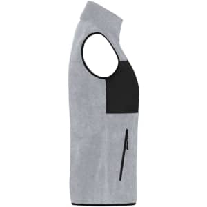 A grey ladies' fleece vest with a black panel and a zippered pocket on the front. Features a logo.