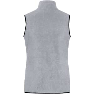 A grey ladies fleece vest featuring a high collar and no sleeves, with contrasting trim. It includes a logo.