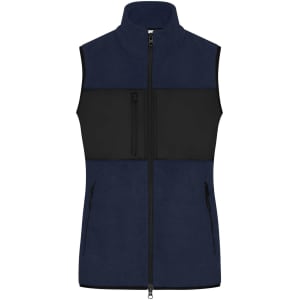 A navy fleece vest featuring a black panel, with a zip front and multiple pockets.