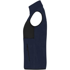 A navy blue ladies fleece vest featuring a black pocket and a zippered side pocket. Includes a logo.