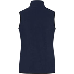 A navy ladies fleece vest with a high collar and no sleeves, featuring a branding logo.