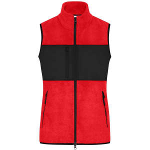 A red fleece vest with a black panel and zippered pockets. Features a high collar and a logo.
