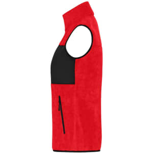 A red fleece vest with a black panel and a zippered pocket, featuring an armhole design.