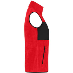 A red fleece vest with a black panel on the front and side pockets. It features armholes and a high collar.