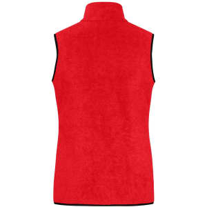 A red fleece vest with a high collar and black trim, featuring no sleeves and a solid design.