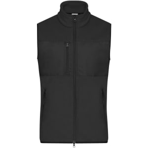 A black men's fleece vest with a high collar, front zip, and two side pockets. It features a chest pocket and a logo.