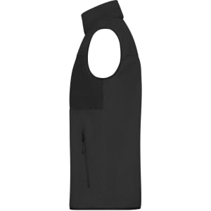 A black men's fleece vest with a zip pocket and high collar, featuring an arm hole design.