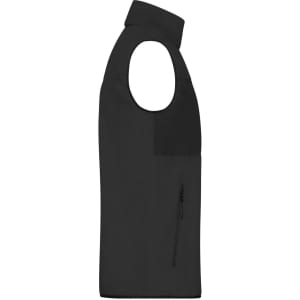 A men's fleece vest in black, featuring an extended collar and a zip pocket on the side. It has a logo on it.