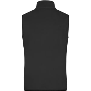 A black men's fleece vest featuring a high collar and no sleeves. It has a logo on the back.