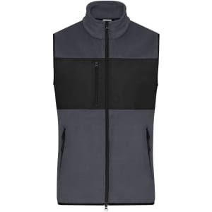 A mens fleece vest in grey with a black panel, featuring a zip front and two side pockets. It has a logo on it.