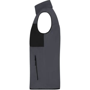 A men's fleece vest in grey with a black panel and a zippered pocket, featuring a logo.