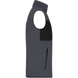 A men's fleece vest in grey with a contrasting black pocket, showcasing a sleeveless design and a high collar.