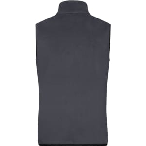 A dark grey men's fleece vest with a high collar and a logo. The garment is sleeveless and has a smooth texture.