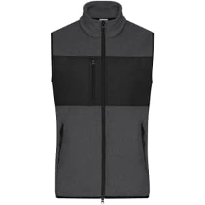 A men's fleece vest in grey with a black panel, featuring a zip front and two side pockets.