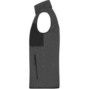 A grey men's fleece vest featuring a black pocket and a high collar, with a logo on the chest area.