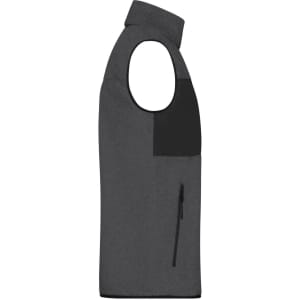 A grey men's fleece vest with a black pocket and a zip on one side, featuring a logo on the chest.