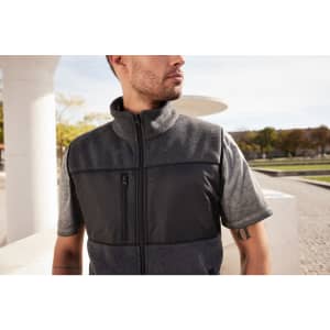 A men's fleece vest in grey with a black panel, featuring a zip front and a high collar.