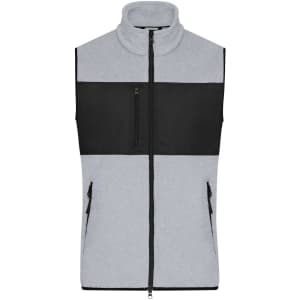 A men's fleece vest in light grey with black accents, featuring a high collar and zipped pockets.