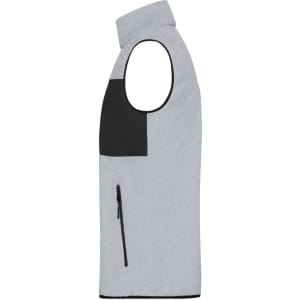A grey fleece vest with a black panel and a zip pocket on the front, featuring a high collar and no sleeves.