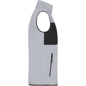 A men's fleece vest in light grey with a black panel and pocket, featuring a zip closure.